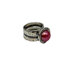 Didae Israel Sterling Silver Dyed Red Pearl Ring Size 5 925 Hammered Design